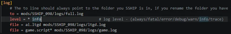 Setting the log level to info in a mod configuration file